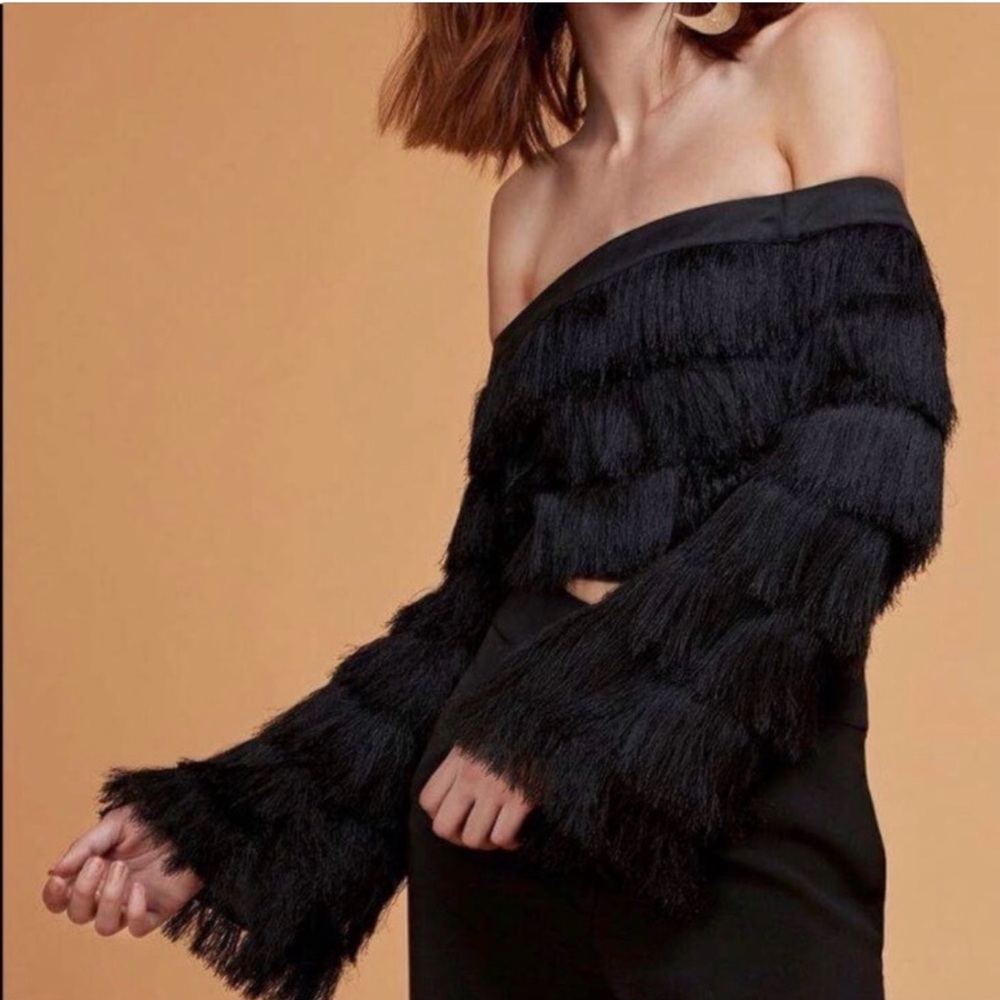 C/Meo Collective NEW Black Fringe Long Sleeve Crop Top Party Western Size XS
